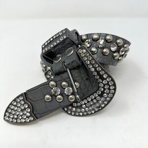Unbranded 1.5" Rhinestone & Studded Crock Embossed Leather Belt‎ Grey Size S